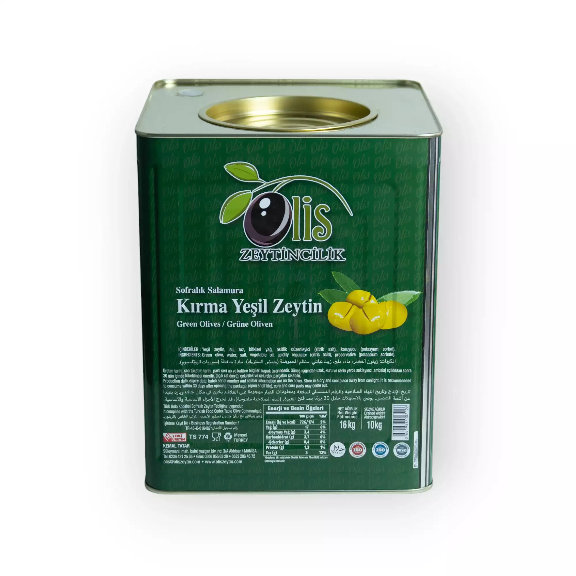 Sofralık Salamura Kırma Yeşil Zeytin - Süzme Ağırlık 10 Kg. - Teneke