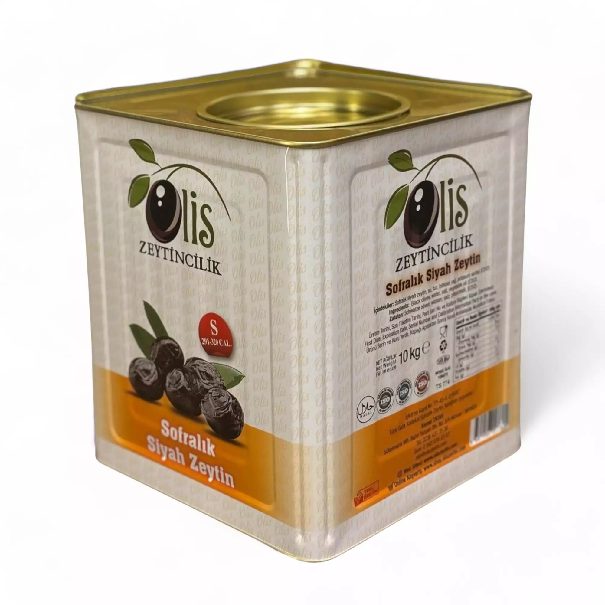 Sofralık Siyah Zeytin - Süzme Ağırlık 10 Kg. - (S. - 291- 320 Kalibre) - Teneke