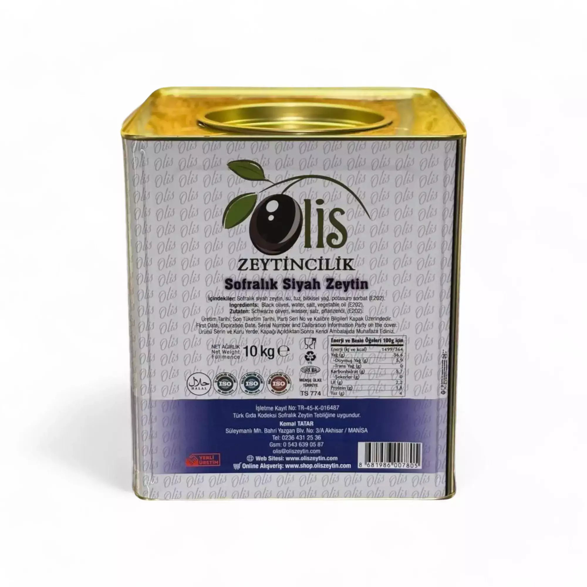 Sofralık Siyah Zeytin - Süzme Ağırlık 10 Kg. - (2Xs. - 351- 380 Kalibre) - Teneke