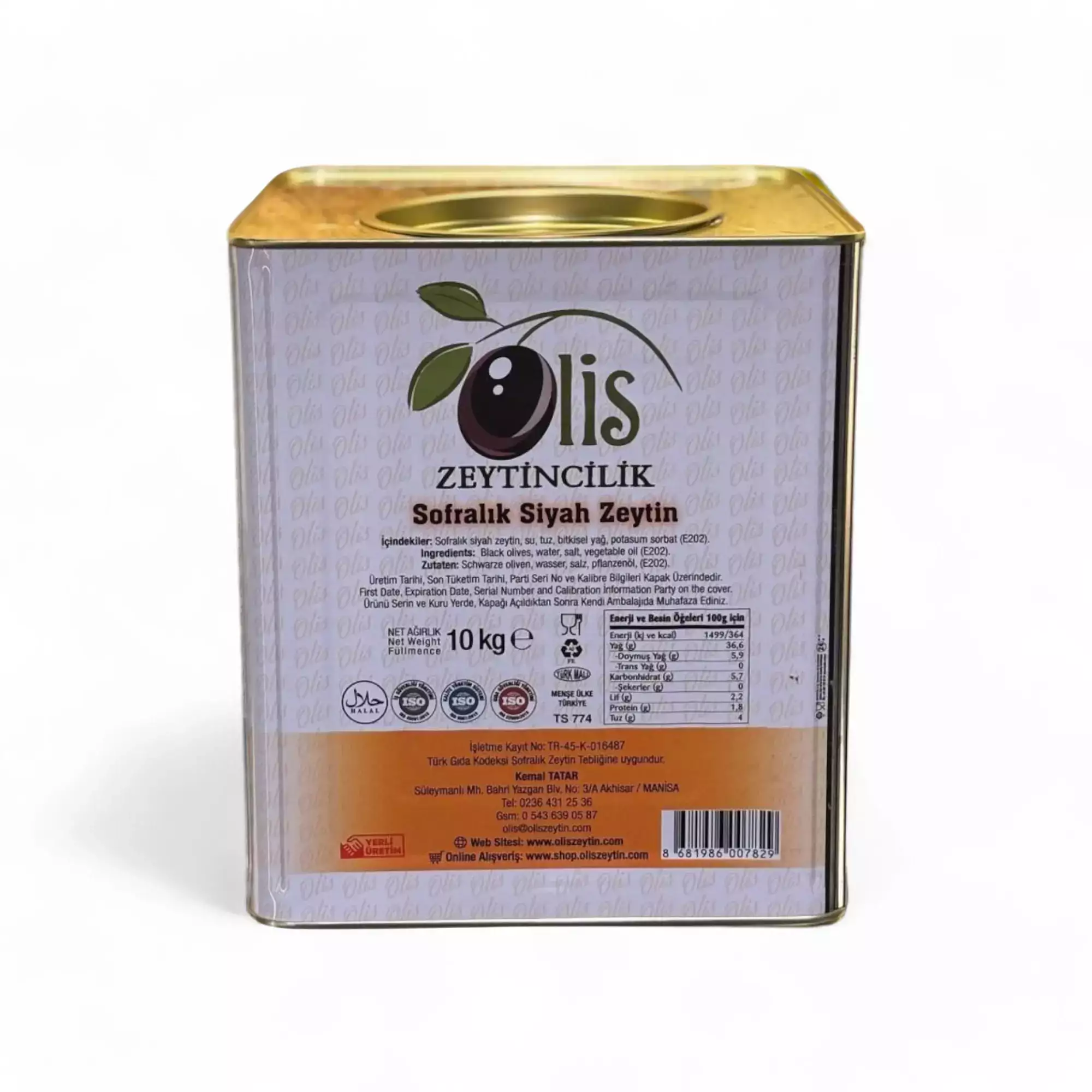 Sofralık Siyah Zeytin - Süzme Ağırlık 10 Kg. - (S. - 291- 320 Kalibre) - Teneke