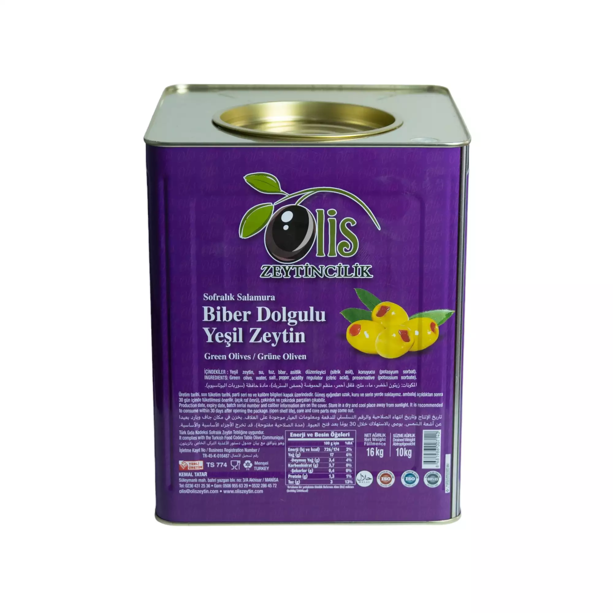 Biber Dolgulu Yeşil Zeytin - Süzme Ağırlık 10 Kg. - Teneke