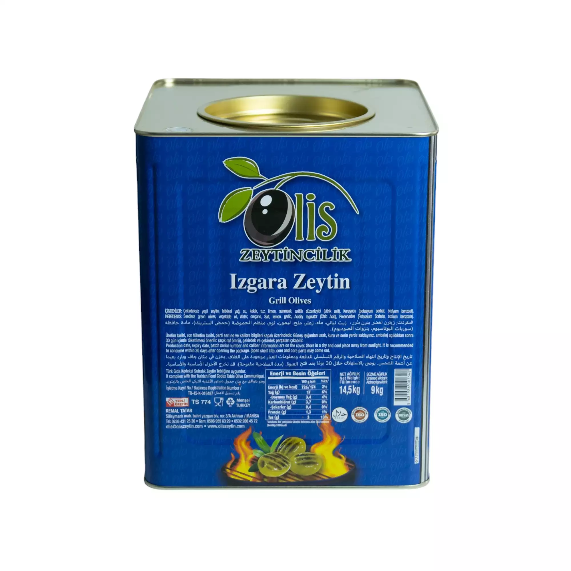 Izgara Yeşil Zeytin - Süzme Ağırlık 9 Kg. - Teneke