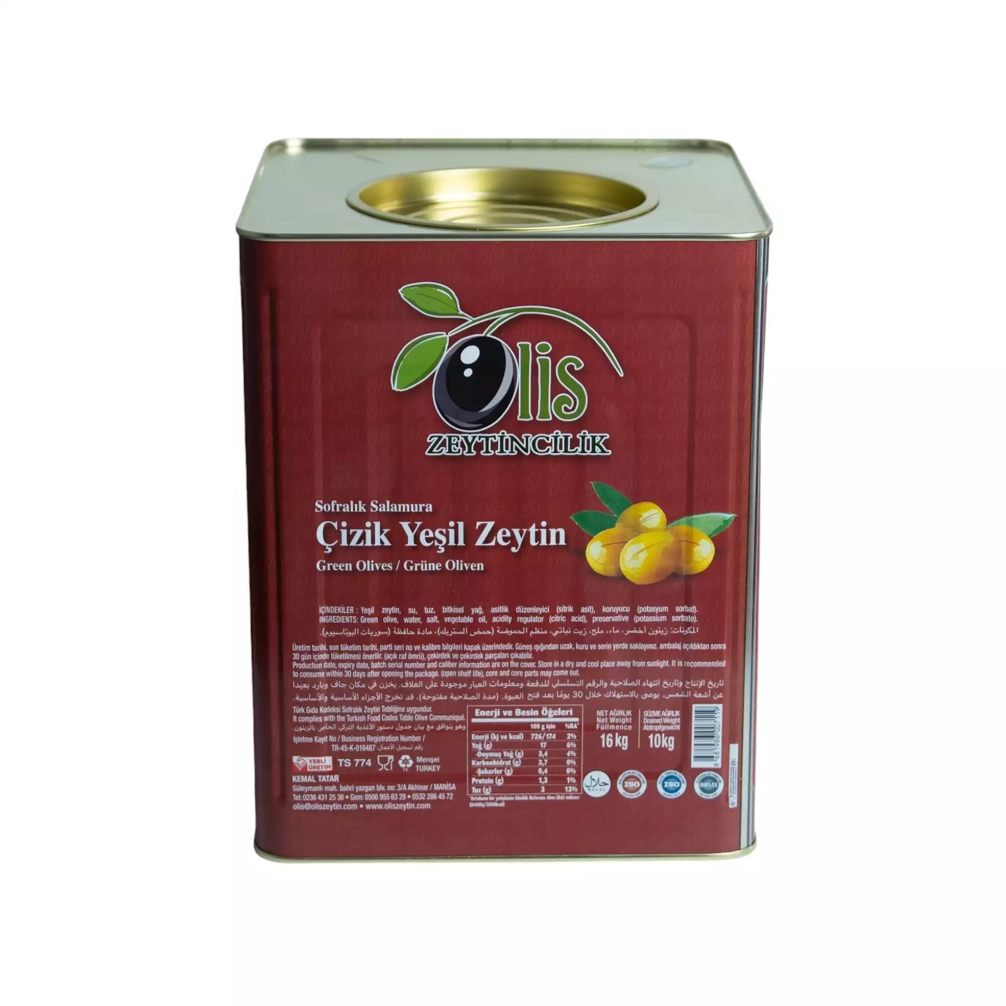 Sofralık Salamura Çizik Yeşil Zeytin - Süzme Ağırlık 10 Kg. - Teneke