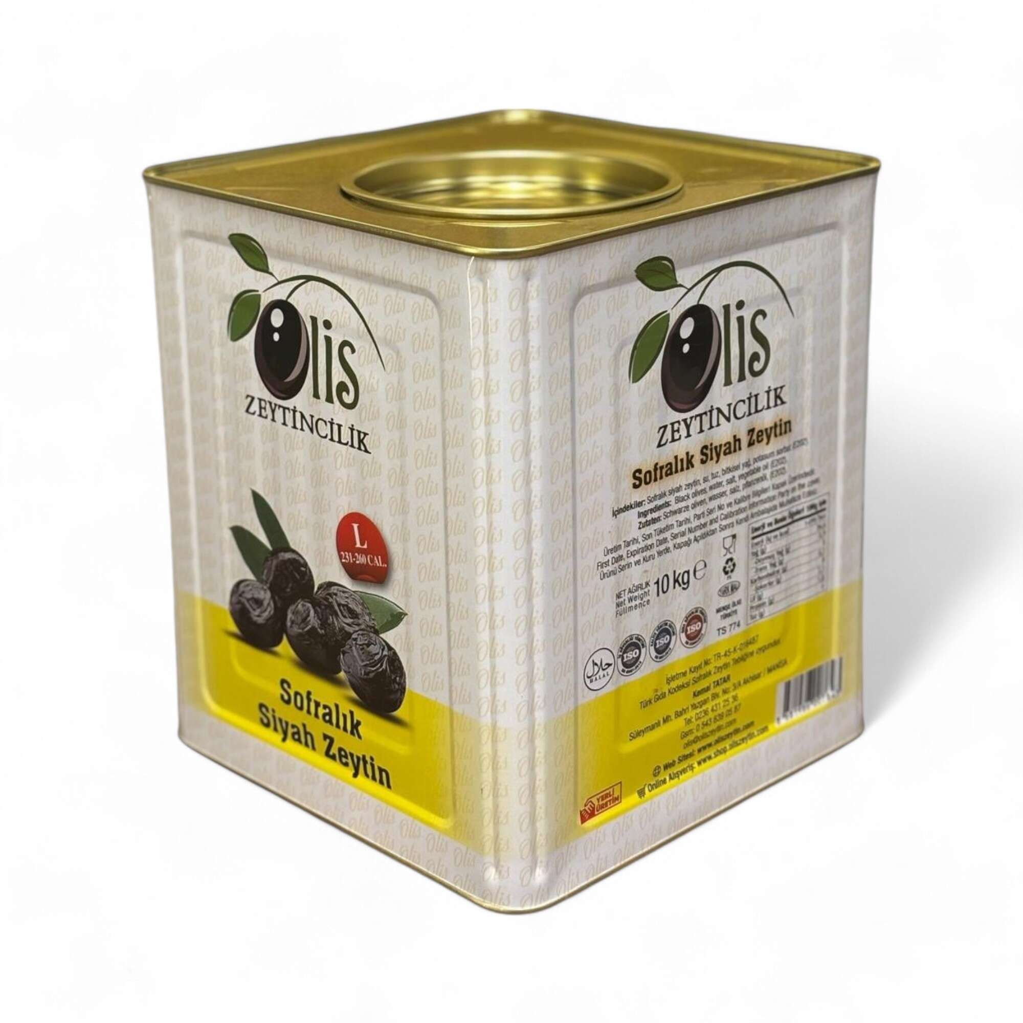 Sofralık Siyah Zeytin - Süzme Ağırlık 10 Kg. - (L. - 231- 260 Kalibre) - Teneke