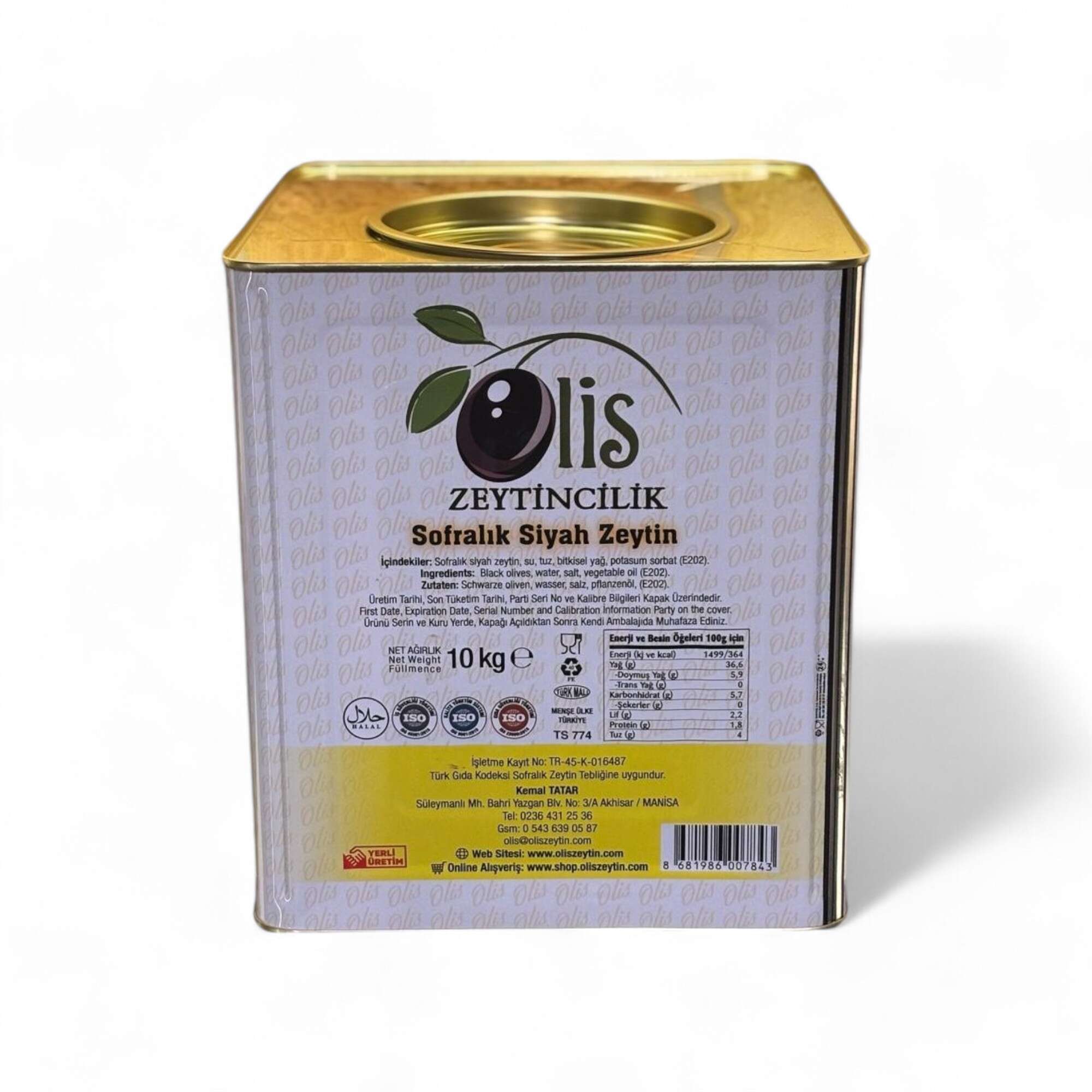 Sofralık Siyah Zeytin - Süzme Ağırlık 10 Kg. - (L. - 231- 260 Kalibre) - Teneke