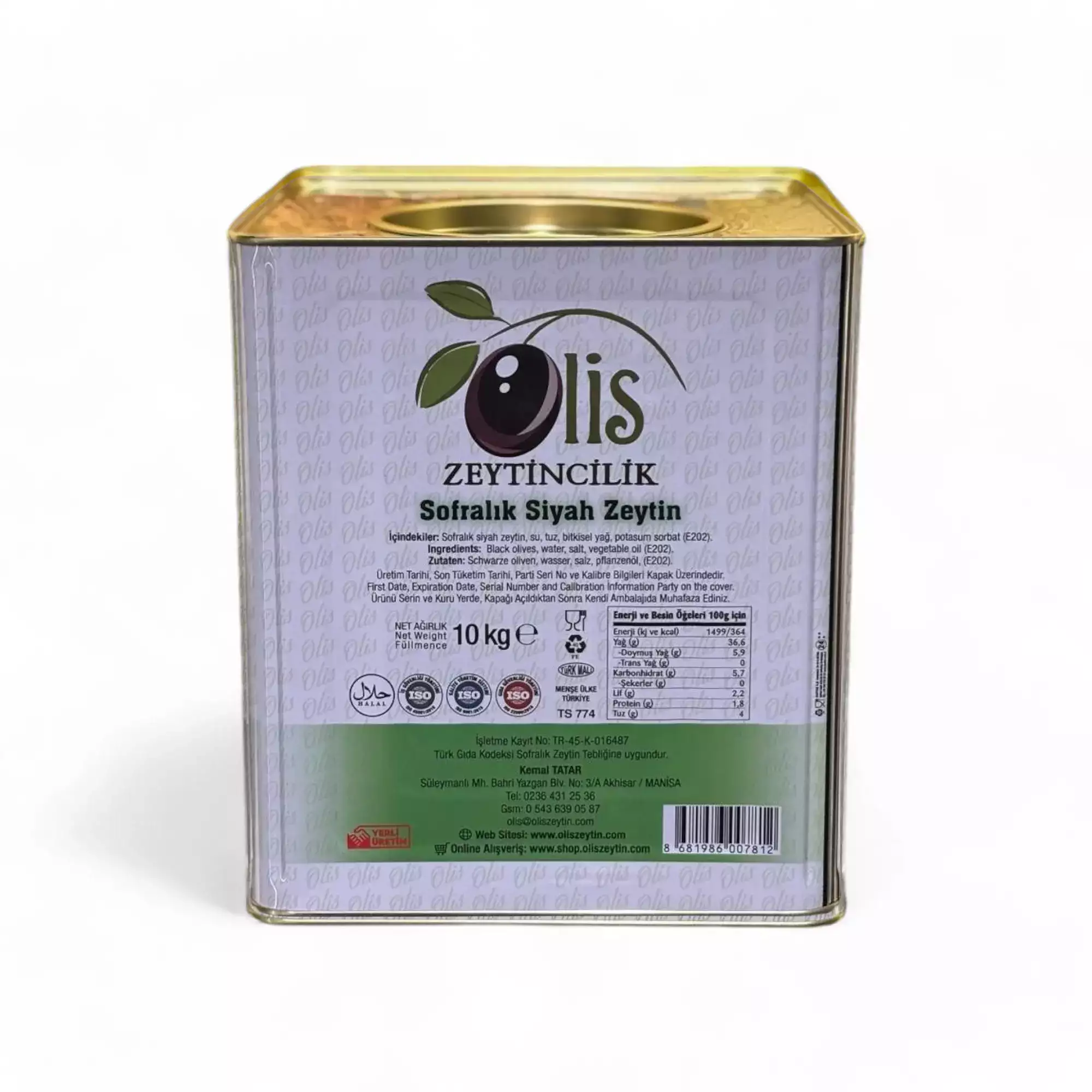 Sofralık Siyah Zeytin - Süzme Ağırlık 10 Kg. - (Xs. - 321- 350 Kalibre) - Teneke