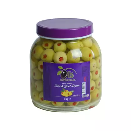 Biber Dolgulu Yeşil Zeytin - Süzme Ağırlık 1 Kg.- Cam Pet