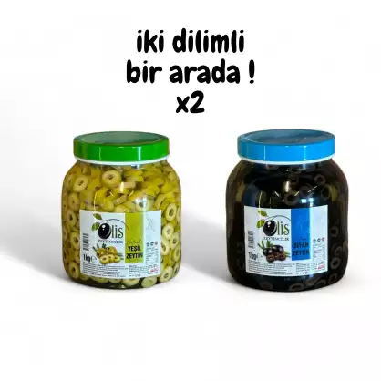 Dilimli Zeytin (İki Dilimli Bir Arada) - Cam Pet - Süzme Ağırlık 1 Kg. x 2 Adet